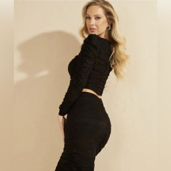 Guess by Marciano Caught on Lace Ruched Black Long Sleeve (S) - Picture 6 of 14